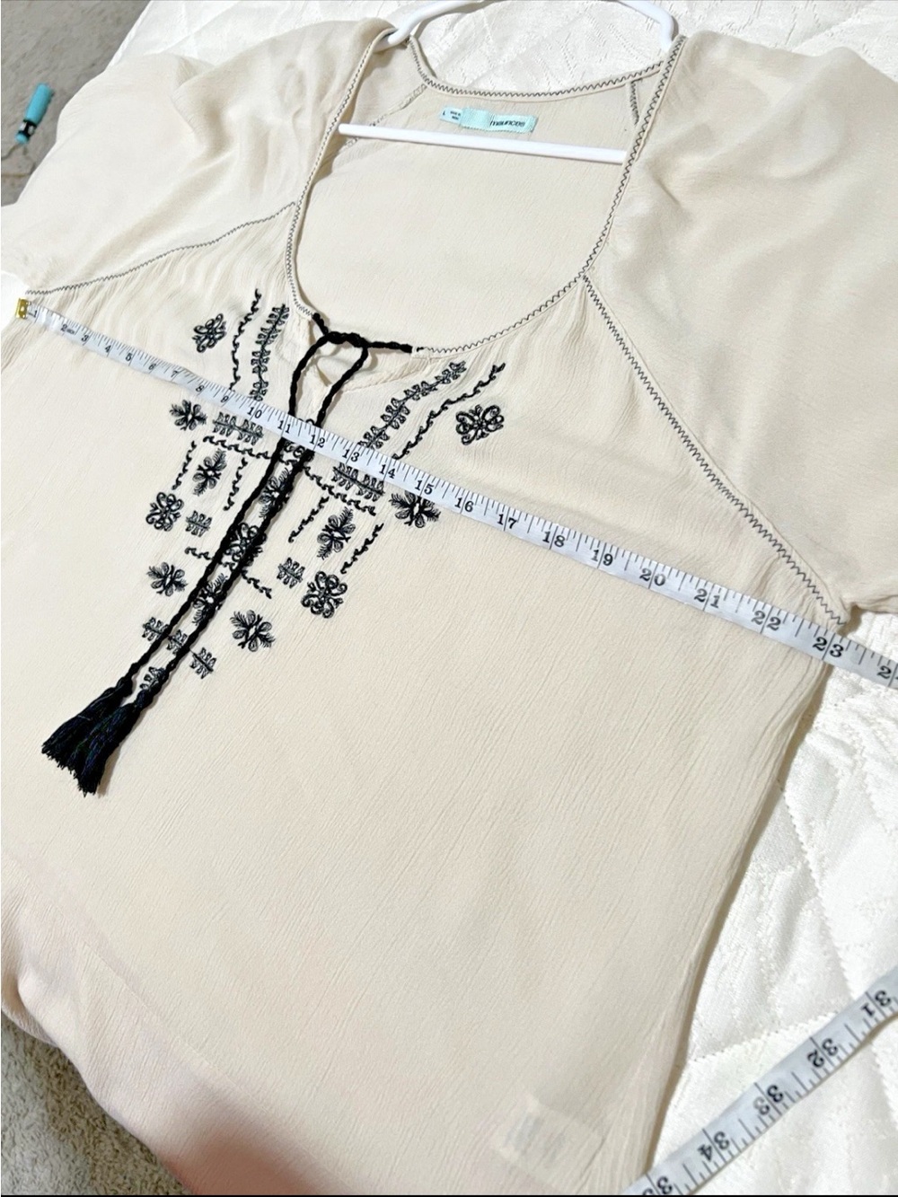 Boho Embroidered Peasant Top in Cream with Black Accents - Picture 7 of 8